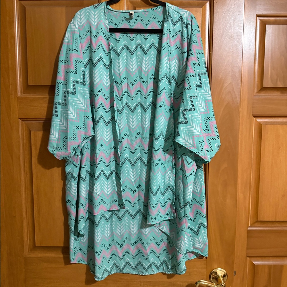 Pomelo Aqua & Black Printed Kimono. Short sleeve, light weight.